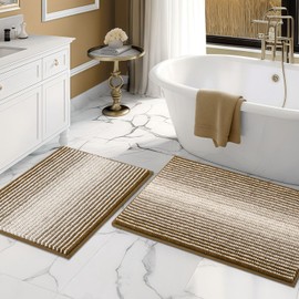BSICPRO Bathroom Rugs and Mats Sets, 2 Piece Thick Absorbent Chenille Non Slip, Soft Shaggy Bath Room Floor Mats for Bathroom, Machine Washable (Petrified Oak, 20" x 32" Plus 16" x 24")