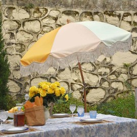 LAGarden Palm Springs Wooden Patio Fringe Umbrella 6ft Tilt - Color: Mimosa, Size: 6ft 8-rib