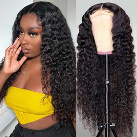 Deep Wave Lace Front Wigs Human Hair Pre Plucked 13X4 Deep Curly Lace Frontal Wigs 20 Inch Human Hair Wigs for Black Women Glueless Wigs Lace Frontal Closure Wigs Pre Plucked with Baby Hair Natural Black