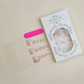 24 Pcs Summer Press on Toe nails French Tip Short Square Fake Toe Nails with Heart Rhinestone Designs Nude Pink Nail Tips Glossy Acrylic French Toenails Press on for Women Girls Nail Decoration