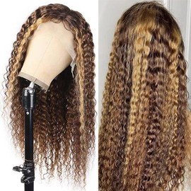 Honey Blonde Deep Wave Lace Front Wigs Human Hair 13x4 Highlight Ombre Curly Lace Front Wig Human Hair 180% Density HD Transparent Glueless Lace Frontal Wigs Pre Plucked with Baby Hair 26 Inch