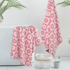 Jacquotha Jacquotha 2-Pieces Luxury Bath Towels Checkered Floral, Pink Towels for Women Girls Shower Body 27.5x55 Inches, Gifts for Her Wife Daughters Mom, Cotton