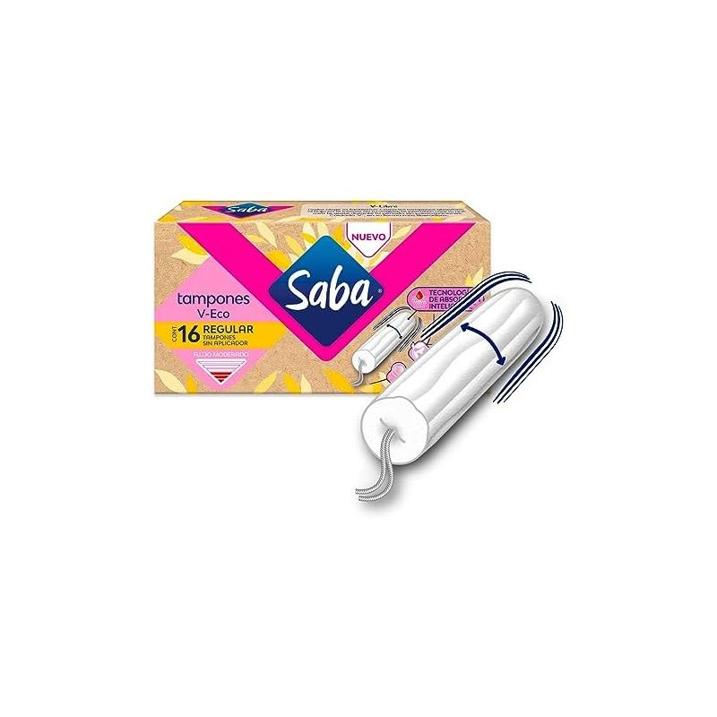 Saba Tampones Regular V-eco Flujo Moderado sin aplicador, 16 piezas