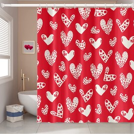 Umpoo Valentine's Day Shower Curtain with Hooks White and Red Love Heart Shower Curtain for Valentines Day Festival Style Bathroom Decorative Waterproof Polyester Fabric, 36x72 Inch