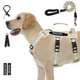 Escape Proof Dog Harness Medium Sized Dog, Six-Point Adjustable Service Dog Vest Harness, Large Dog Harness and Leash Set, Reflective Dog Harness with Handle, No Pull Dog Harness Large Dogs(Beige, M)