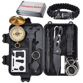 XUANLAN Emergency Survival Kit 13 in 1, Outdoor Survival Gear Tool with Survival Bracelet, Fire Starter, Whistle, Wood Cutter, Water Bottle Clip, Pen (Survival Kit 2)
