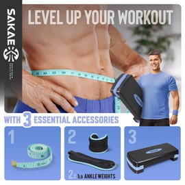 SAKAE Blue Exercise Step Platform Set with Ankle Weights & Measuring Tape, Adjustable Height 3 Level Risers Workout Step Trainer, Aerobic Steppers for Home Gym Exercise Fitness Workout