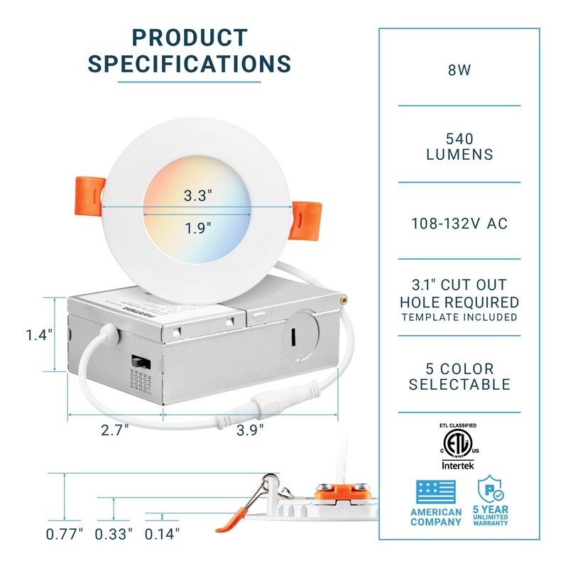 PARMIDA (12 Pack) 3 Inch 5CCT Ultra-Thin LED Recessed Ceiling