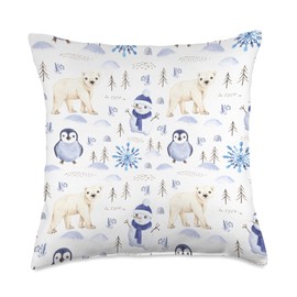 Winter Is My Wonderland Pillows Watercolor Style Nordic Snowmen Penguins & Polar Bears Throw Pillow, 18x18, Multicolor