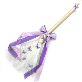 Wedding Broom Jumping Broom for Wedding Ceremony 28 inch Tall Whisk Brooms with Staw White Pampas Grass, Purple Butterfly/Ribbons （Finish Product）