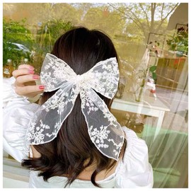 Xmsrn Vintage Large Lace Bow Hair Clip Barrette White Bow Lace Hair Barrette French Mesh Bow Head Clip Barrette Headpieces White Silk Bow Hair Accessories for Women and Girls (White)