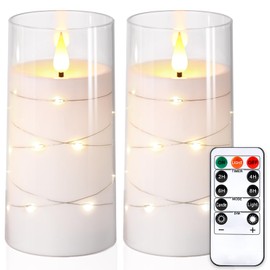 NURADA Flickering Flameless Candles: Built-in Star String Lights, Acrylic Battery Operated LED Pillar Candles with Remote and Timer for Romantic Mood Home Decoration - 2 Pack Pure White