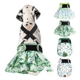 Washable Female Dog Diapers (4 Pack+1 Suspenders), Reusable Female Girl Doggy Doggie Puppy Wraps Panties Belly Band for Pet Heat Period Pooping Peeing Potty Training Incontinence Marking Leaf XLarge