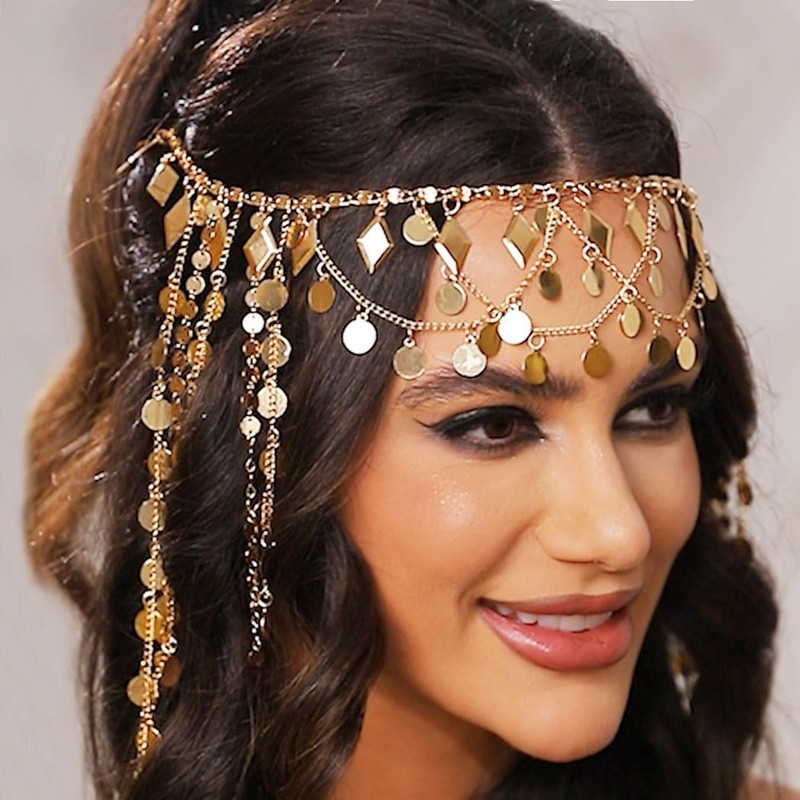 Reaky Gold Sequin Head Chain Egyptian Headpiece for Women, Alloy