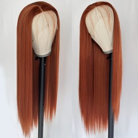 QMSSR Ginger Orange Color Long Straight Hair Lace Front Wig Copper Red Hair Glueless Synthetic Lace Front Wigs for Women Natural Hairline