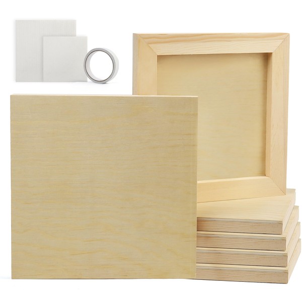 LotFancy Cradled Wood Panels 8”x8”, 6 Pack Wood Canvas Boards for Painting, DIY Art Craft, Unfinished Square Wooden Panels - 9 Small Primed Painting Canvases and 1 Roll Double-Sided Tape Included