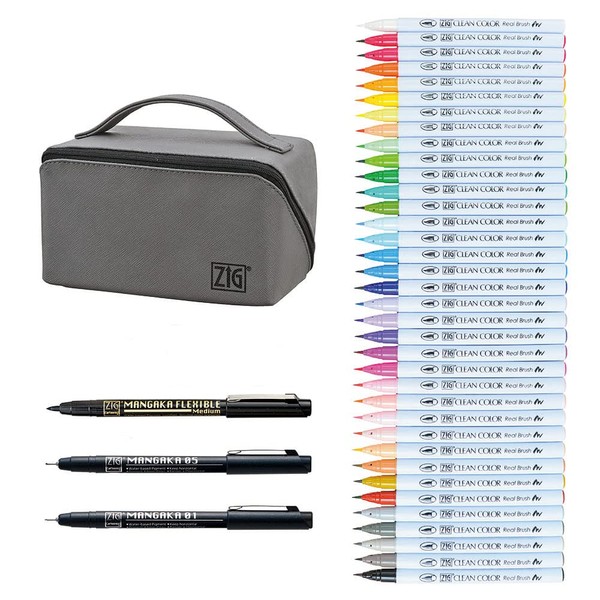 Kuretake ZIG Clean Color Real Brush Marker, Flexible Brush Tips, Watercolor Pens for Painting, Drawing, Calligraphy and Brush Lettering for Artists, Made in Japan (39 pcs. Pouch Set)