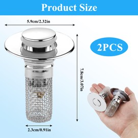 2PCS Universal Bathroom Sink Stopper with Hair Catcher, Pop-Up Drain Stopper with Removable Stainless Steel Filter Basket, Anti-Clog Sink Strainer for US Bathroom/Shower Drain