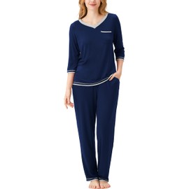 GYS - Pijama de viscosa de bambú para mujer, conjunto de pijama de manga 3/4 suave, cuello en V, para dormir, ropa de dormir, marino, Large