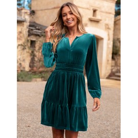 Simplee Womens Velvet Dress 2025 Winter Christmas Notch V Neck Long Sleeve Holiday Swing Mini Dresses Elegant Party Retro Fashion Cloth with Pockets(Teal Blue L)