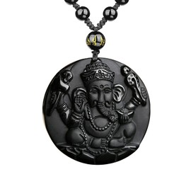 VIKCAUX Healing Elephant God Necklace Black Obsidian Genasha Talisman Pendant with Black Bead Chain Good Luck Ganesha Necklace Jewelry
