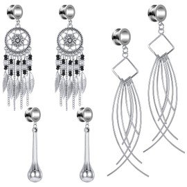 BodyAce Pack of 6 Surgical Steel Dangle Plugs Ear Stretching Kit, Vintage Bohemian Phimosis Ear Tunnel Gauges, Foreskin Stretching Tunnel Plugs for Women, Stainless Steel, Other