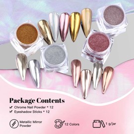 Kikonoke 12 Jars Chrome Nail Powder Metallic Mirror Effect Powder Iridescent Holographic Glitter Pigment Copper Silver Gold Chrome Powder for Nails Art Decoration