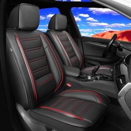 FiveFox Fit Canyon Car Seat Covers (Front Pair) for Select GMC Canyon 2015-2024 2025 - Full Coverage Leather, Waterproof & All Weather Seat Cushion Protector, Black with Red Trim