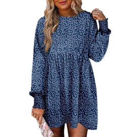 Dokotoo Wedding Guest Dresses for Women Long Sleeve Spring Summer Dresses Cute Floral Babydoll Dress Crewneck A Line Mini Dress Flowy Birthday Prom Dresses Plus Size Blue Dresses for Curvy Women M