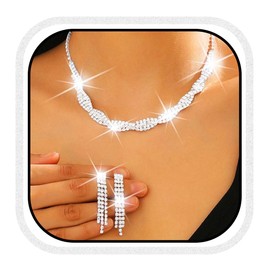 Reaky Bridal Jewelry Sets Silver Rhinestone Necklace 3 Pcs Bride Jewelry Necklaces Wedding Accessories for Women (2 Pcs Silver, One size)