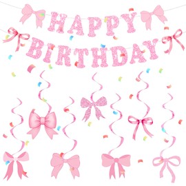 Pink Bow Birthday Decorations for Girls,Coquette Hanging Swirls Set,Coquette Birthday Decorations,Pink Bow Party Banner,Baby Shower Party Supplies for Women Teens