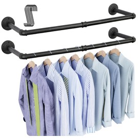 OROPY Industrial Pipe Clothes Rack Wall Mounted Set of 2, 38.4 inches Heavy Duty Iron Pipe Clothing Garment Rail, Multi-Purpose Clothing Hanging Rod for Laundry Room and Closet Storage