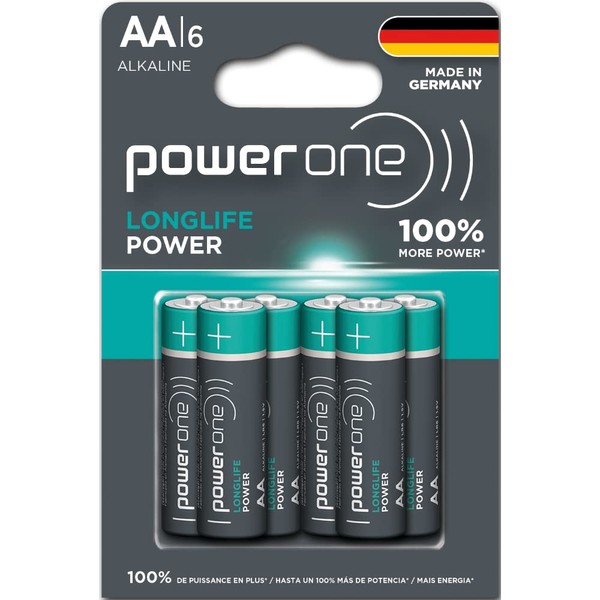 Power ONE LONGLIFE Power AA Battery Long Performing Alkaline Batteries Made in Germany with Up to 10 Years Shelf Life - Pack of 6