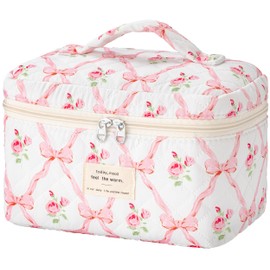 HBselect Quilted Makeup Bag, Cotton Large Travel Makeup Bag, Cute Floral Coquette Cosmetic Bags Toiletry Bags for Women Girls (Pink Bow-J)