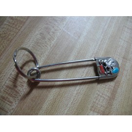 Safety Pin W/Key Ring Chain W/Nugget Dyed Turquoise & Coral Crafted Eagle Hand Crafted by Virginia Johnson Giant