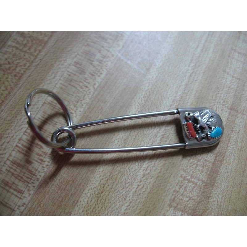 Safety Pin W/Key Ring Chain W/Nugget Dyed Turquoise & Coral