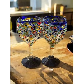 Hand-Blown Wine Glass Set; Mexican Glassware with Blue Rim & Foot; Textured Confetti Design; Set of 2 or 4 (2 glasses)