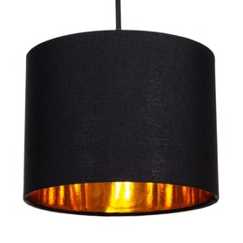 Modern and Stylish Black Cotton Fabric Small 8" Drum Lamp Shade with Shiny Golden Inner - 40watt Maximum by Happy Homewares