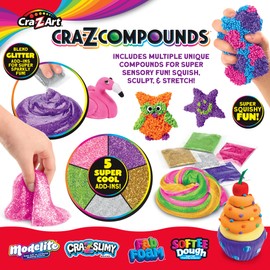 Cra-Z-Slimy Slime Compound Set Toy, 4 compound pack includes multiple unique compounds. 4 cans of Softee Dough, 4 cans of Cra Z Slimy, 3 bags of Fab Foam, 3 bags of Modelite and 5 bags of glitter