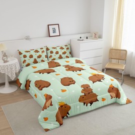 Erosebridal Cute Capybara Queen Comforter Set,Kids Cute Capybara Bedding Set,Kawaii Rodent Animals Duvet Set,Capybara Lovers Down Comforter 3Pcs,Light Green Capybara Gifts for Girls