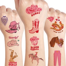 UVUXO Cowgirl Temporary Tattoo for kids - 62 Styles Pink Temporary for Girls Boy Body Arm Shoulder Cute Tattoos Stickers, Girls Party Favors Cowgirl Party Supplies Gifts for Kids