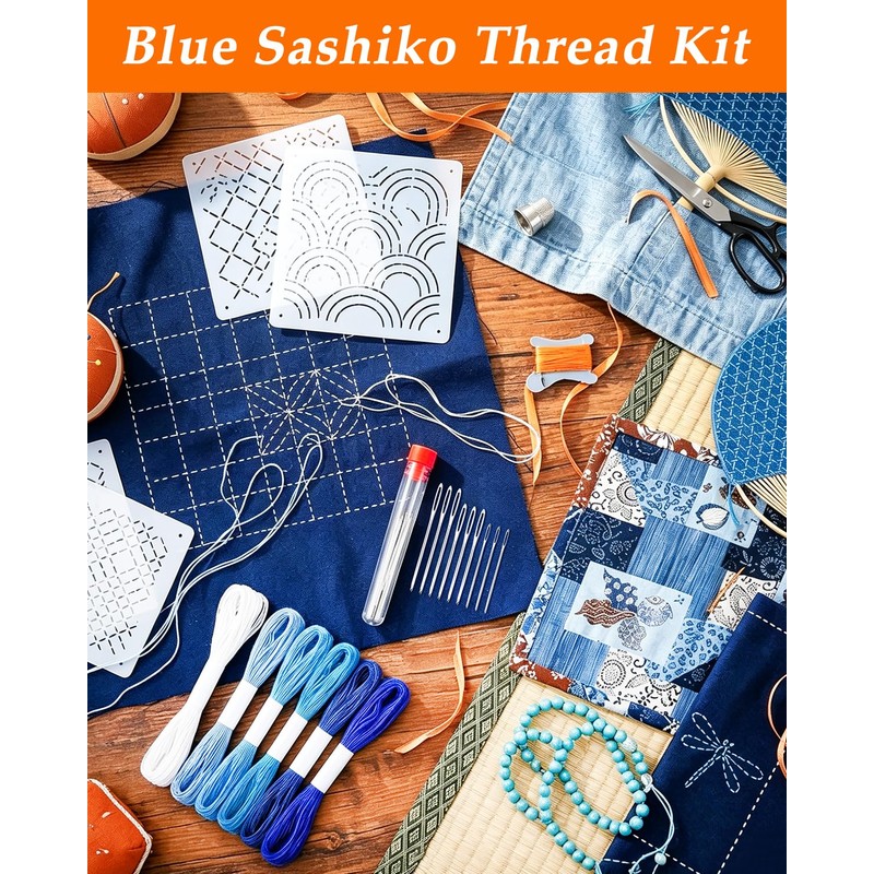 eZAKKA 51 Pack Blue Sashiko Kit with 30 Templates, 9