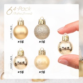 Sea Team 64-Pack Christmas Ball Ornaments with Strings, 25mm/0.98" Small Size Baubles, Shatterproof Plastic Christmas Bulbs, Hanging Decorations for Xmas Tree, Holiday, Wedding, Party, Gold