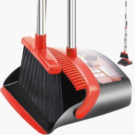 Upgraded Broom and Dustpan Set, Upright Broom and Dustpan Combo with 51" Long Handle, Dustpan Teeth with self-Cleaning Function, Indoor and Outdoor Sweeping, Perfect for Home Office(Red & Black)