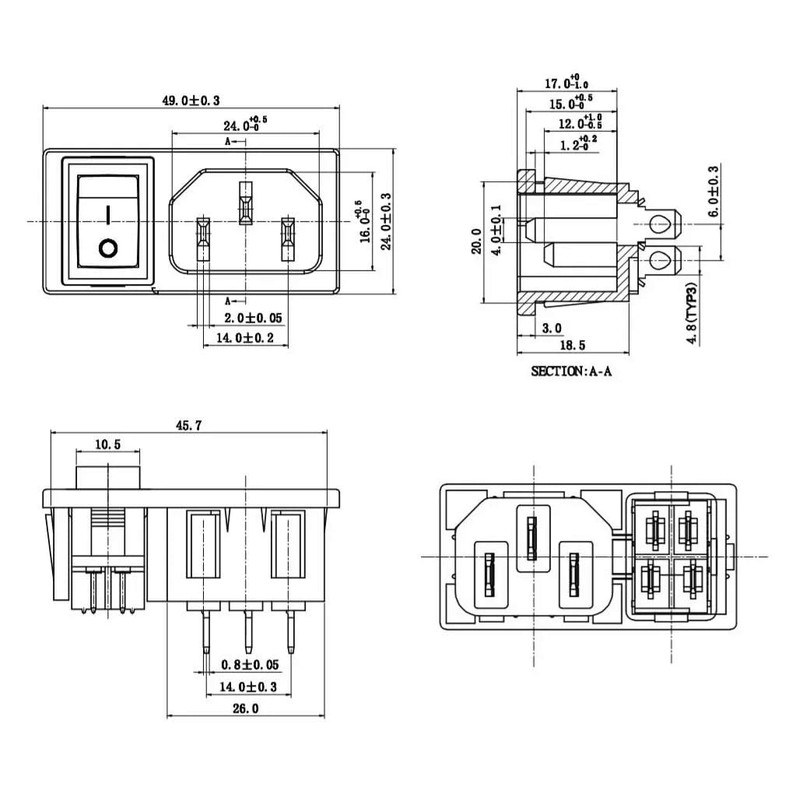IEC Socket C-14 10A/250V, with Replaceable Red 4Pin LED Switch