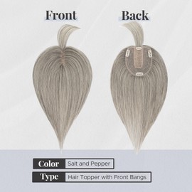 SEGOHAIR Human Hair Topper for Women, with Silk Base 3.94x4.72, 8 Inches, 4 Clips, for Thinning Hair, with Front Bangs, Salt and Pepper Color, Natural Look