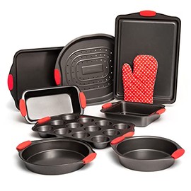 8 Piece Baking Pans Set, Oven Safe Baking Sheet Set Carbon Steel Non-Stick PTFE Coating, Bakeware Set With Heat Red Silicone Handles, Black Baking Trays For Oven By Moss & Stone