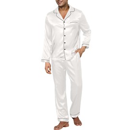 IFFEI Men's Silk Satin Pyjamas Set Long Sleeve Button Down Two Piece Pjs Sleepwear Loungewear XXL White