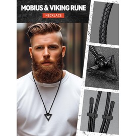 FaithHeart Viking Mobius Pendant Necklaces, Men's Black Triangle Arrow Necklaces Waterproof Leather Rope, Norse Jewellery for Man Woman