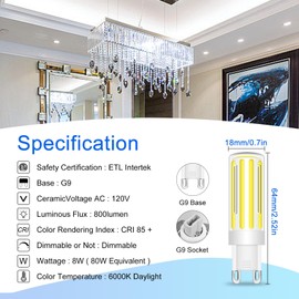 LFLAMPON G9 LED Light Bulbs 8W, G9 Bi Pin Base Dimmable,60-80W Halogen Equivalent, Daylight White 6000K 800LM Light Bulb,360° Beam Angle Light for Chandelier Ceiling Pendant Lighting, 5 Pack